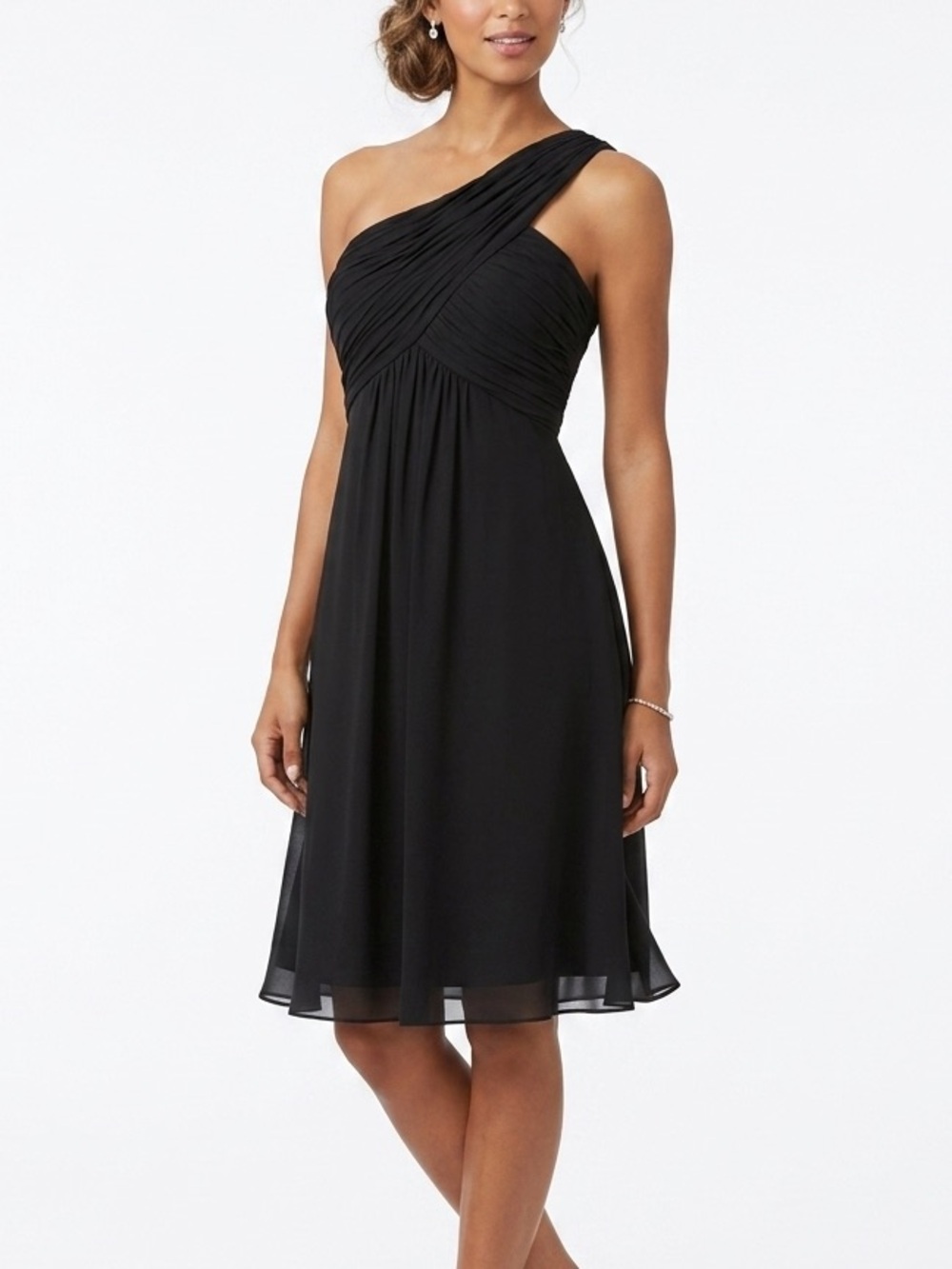 Bandolino Black One-Shoulder Ruched Chiffon Cocktail Dress Size 16 floaty chic